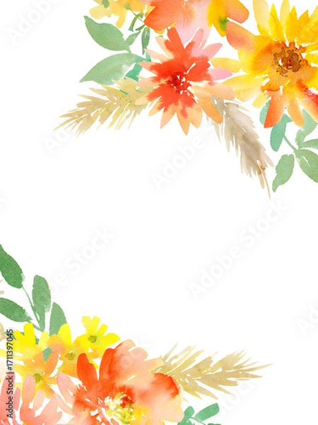 Fototapeta Hand painted abstract watercolor floral transparent background for wedding invitation, banner, SNS and post card. PNG file. Autumn botanical card template.