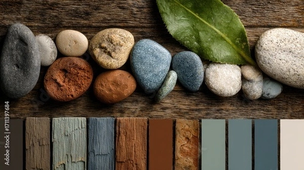 Fototapeta Smooth stones and leaf on rustic wood