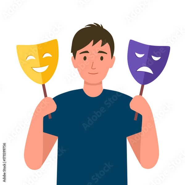 Fototapeta Man with bipolar disorder symptom in flat design. Bipolar patient with mood swings sometimes in a good mood sometimes sad.