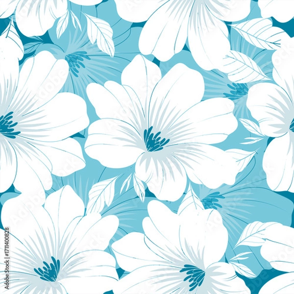 Fototapeta Fresh seamless pattern with white daisy flowers and teal background. Great for summer, spring, fabric, and decorative projects.