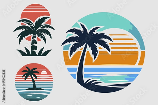 Fototapeta This is a vector image of a coconut tree and a beach, suitable for use in logo designs for travel companies, beaches, tourism, stickers, banners, posters, t-shirts, jackets, hats, tourists, oceans,