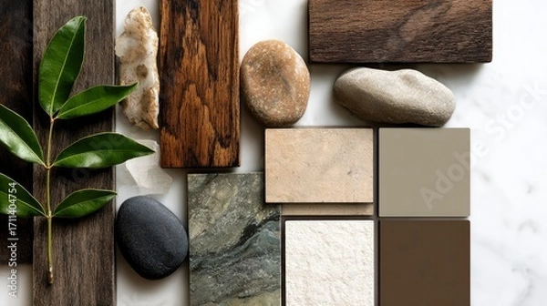 Fototapeta Natural stone, wood, and leaf samples