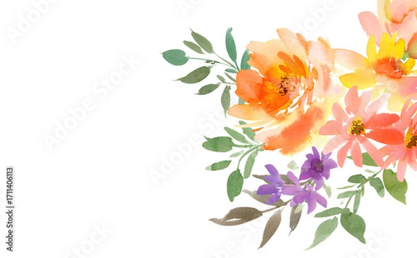 Fototapeta Hand painted abstract watercolor floral transparent background for wedding invitation, banner, SNS and post card. PNG file. Autumn botanical card template.