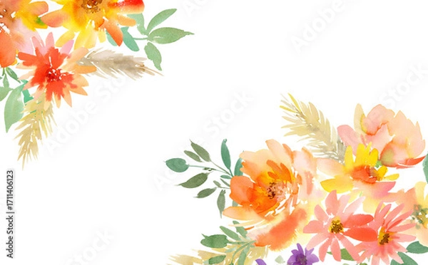 Fototapeta Hand painted abstract watercolor floral transparent background for wedding invitation, banner, SNS and post card. PNG file. Autumn botanical card template.