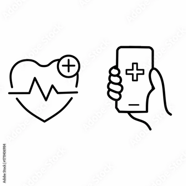 Fototapeta Heart health icon symbol, and handphone holding icon symbol for health app theme 
