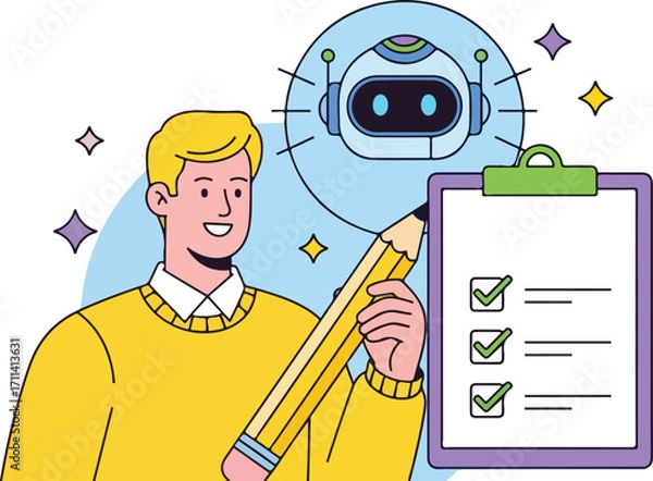 Fototapeta Man with robot assistant and checklist isolated on white background