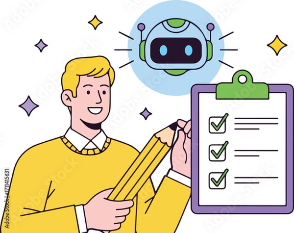 Fototapeta Man with checklist and robot assistant isolated on white background