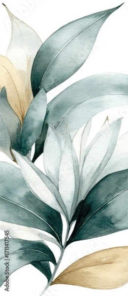 Fototapeta Abstract watercolor botanical illustration of overlapping leaves in muted teal, beige, and white tones