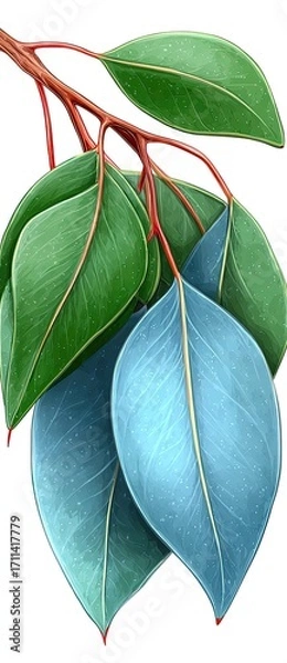 Fototapeta Close-up of a eucalyptus branch with vibrant green and teal leaves