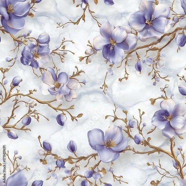 Fototapeta Seamless pattern with elegant blooming floral branches in deep purple and gold, on a white marble background. A delicate and luxurious design ideal for wallpaper, prints, and decor.
