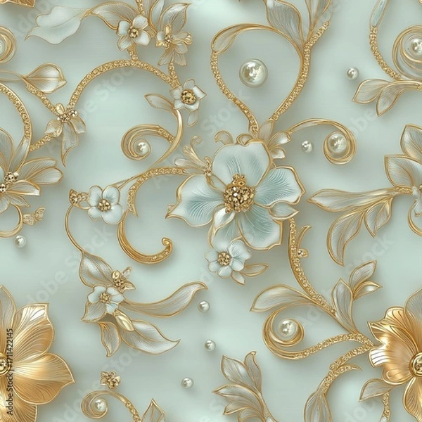 Fototapeta Seamless pattern with luxurious 3D baroque-style floral scrolls and leaves in gold and silver, set against a soft mint background. The design is accented with floating pearl beads.