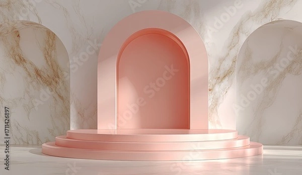 Obraz Pink arch display podium in a marble room