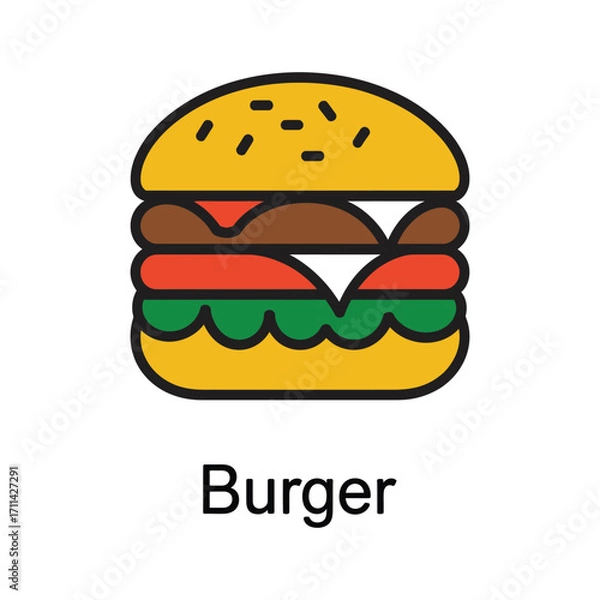 Fototapeta Simple flat illustration of a classic cheeseburger with lettuce tomato and bun