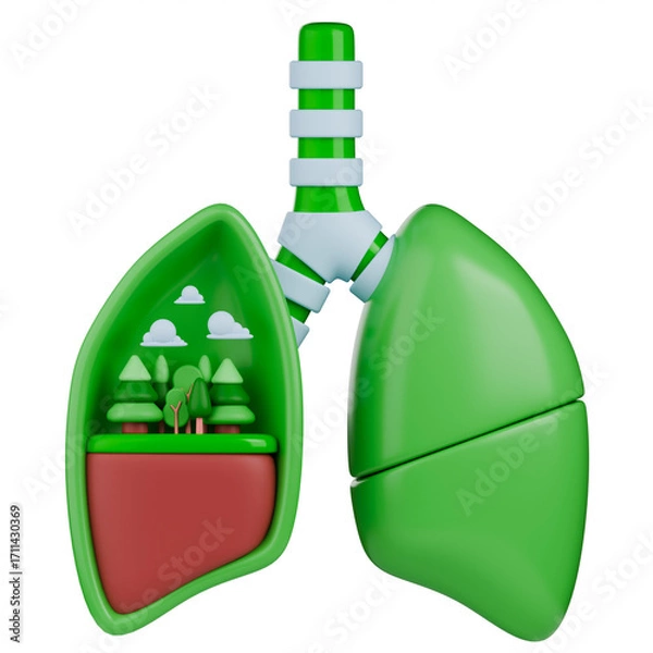 Fototapeta 3D illustration showing a miniature forest with trees and clouds inside a human lung, symbolizes the direct link between clean air from forests and a healthy respiratory system.