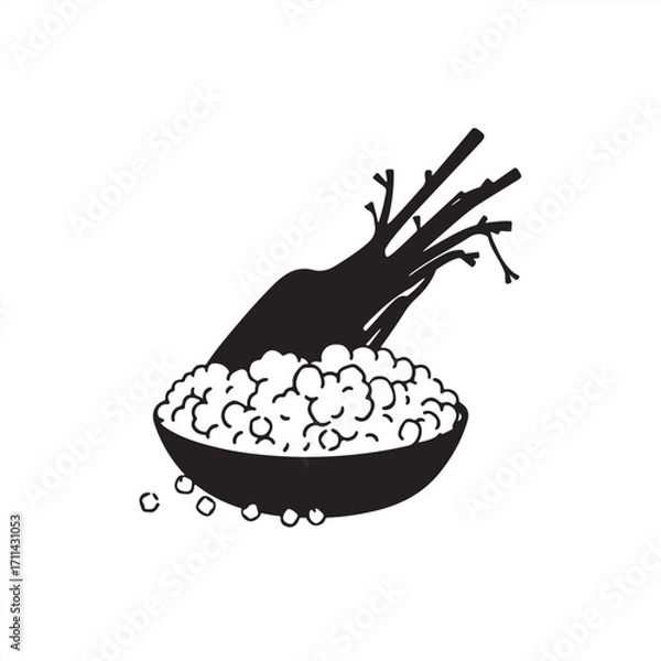 Fototapeta Isekai anime style, classic black and white vector silhouette of couscous on a white background, timeless elegance, expressive composition