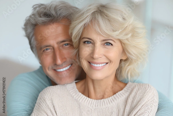 Fototapeta Happy mature couple smiling warmly, showing affection and closeness.