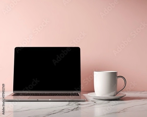 Fototapeta Minimalist Workspace with Laptop and Coffee