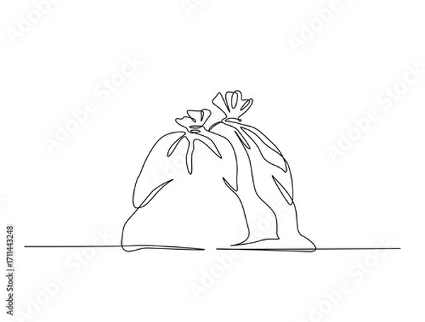 Fototapeta Continuous line art drawing of plastic trash sack. Plastic trash bag in single line art drawing vector illustration. Editable stroke.