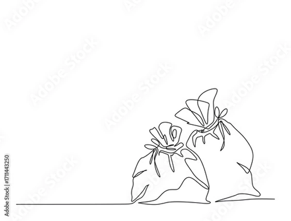 Fototapeta Continuous line art drawing of plastic trash sack. Plastic trash bag in single line art drawing vector illustration. Editable stroke.