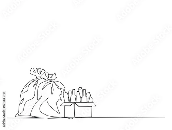 Fototapeta Continuous line art drawing of plastic trash bag and cardboard with full bottles. Plastic trash bag in single line art drawing vector illustration. Editable stroke.