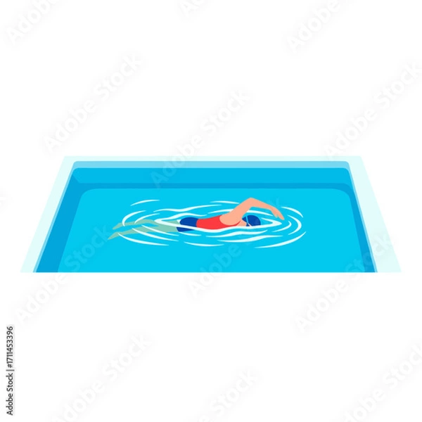 Fototapeta A swimmer wearing a cap and swimsuit is swimming freestyle in a blue rectangular pool, creating ripples in the water.