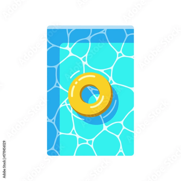 Fototapeta Top-down view of a yellow inflatable ring floating in a blue swimming pool with water reflections.