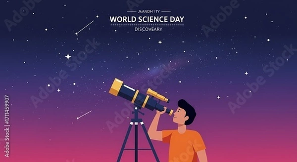 Fototapeta Young Man Observing Stars Through Telescope on World Science Day with Discovery.