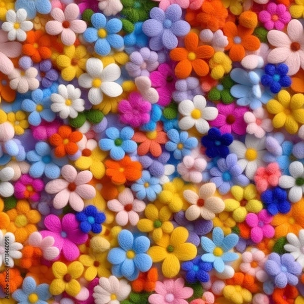 Fototapeta Seamless pattern of colorful felt flowers on a black background, representing a vibrant spring and summer color scheme