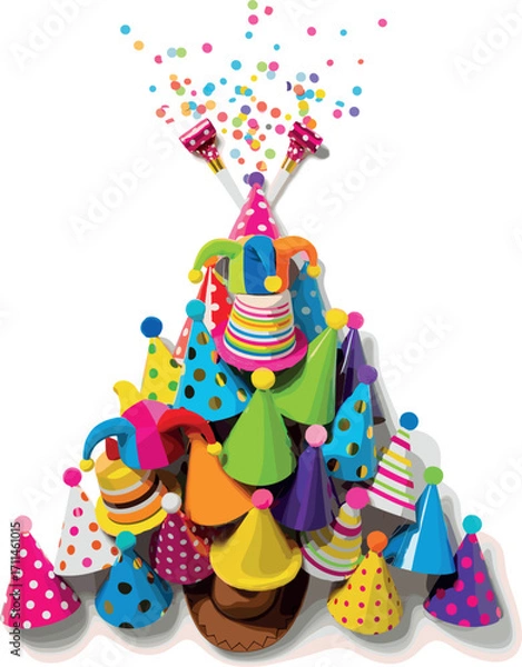 Fototapeta Colorful christmas tree made of party hats and confetti