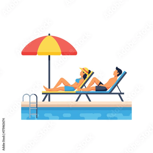 Fototapeta A man and a woman are relaxing on lounge chairs by a swimming pool under a red and yellow umbrella.