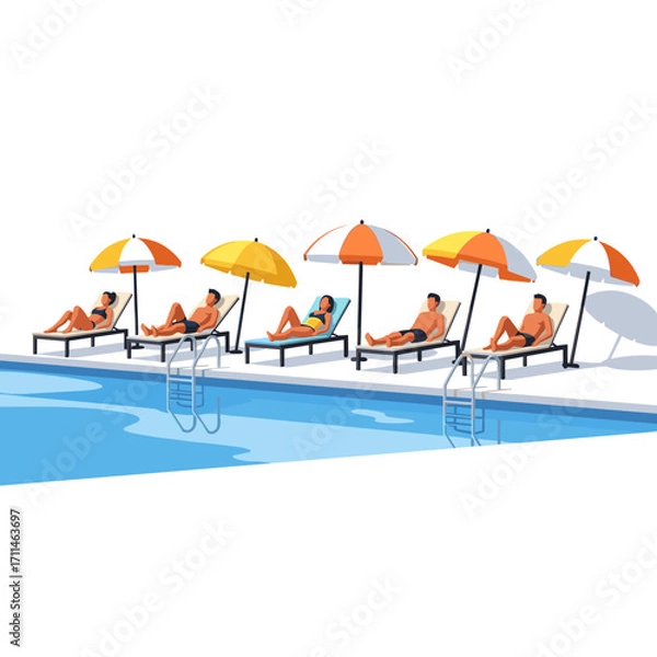 Fototapeta Several people are relaxing on lounge chairs by a pool under colorful umbrellas, enjoying the sun and leisure.