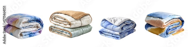 Fototapeta Folded Weighted Blankets Isolated on White Background, Assorted Colors & Textures for Sleep, Comfort, & Anxiety Relief