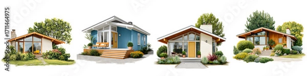 Fototapeta Collection of four colorful mid-century modern homes with various architectural designs, surrounded by lush green landscaping on an isolated white