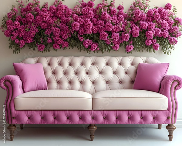 Obraz Pink and White Buttoned Sofa 3D Render with Floral Background