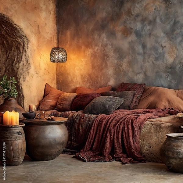 Fototapeta Serene Retreat: Cozy interior featuring rustic furnishings, soft pillows, warm lighting and a relaxed atmosphere.