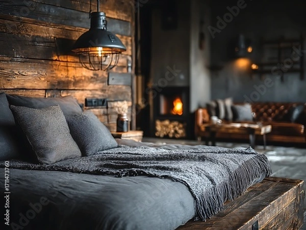 Fototapeta Rustic Bedroom Ambiance: A warm and inviting bedroom scene, showcasing a bed with luxurious bedding, complemented by a rustic wooden accent wall and a cozy fireplace in the background.