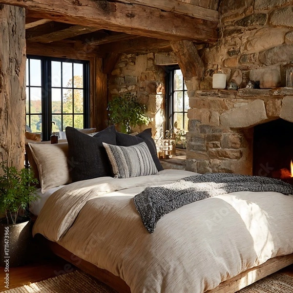 Fototapeta Cozy Rustic Bedroom with Fireplace: A beautifully crafted, intimate bedroom space, exuding warmth and serenity, with a stone fireplace and natural wooden elements.