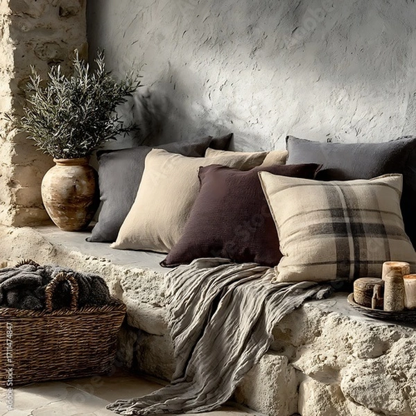 Fototapeta Cozy Corner: Explore a warm, inviting interior scene featuring a collection of plush cushions and textured fabrics arranged upon a stone bench, creating a sanctuary of comfort and relaxation.
