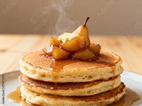 Fototapeta Steaming Stack of Fluffy Pancakes with Caramelized Pears and Butter