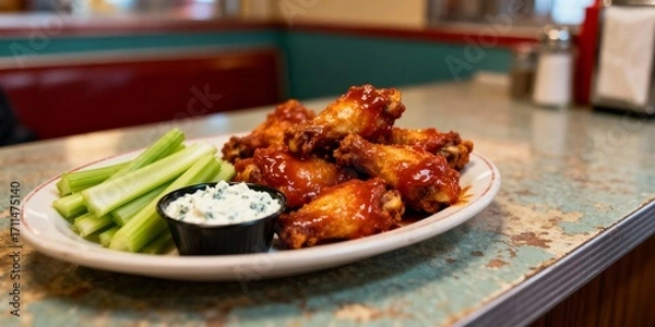 Fototapeta Plate of Spicy Buffalo Wings with Celery Sticks and Dip