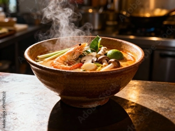 Fototapeta Steaming Bowl of Authentic Tom Yum Soup with Shrimp