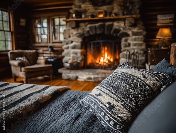 Fototapeta Cozy Cabin Comfort: A warm, inviting scene showcases a rustic stone fireplace in a snug log cabin, accompanied by comfy furnishings, creating a serene ambiance.