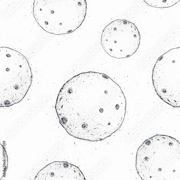 Fototapeta Monochrome pattern with Moon covered with craters. Celestial astronomical bodies in outer space hand drawn in black and white colors. Vector illustration for wallpaper, fabric print, backdrop.