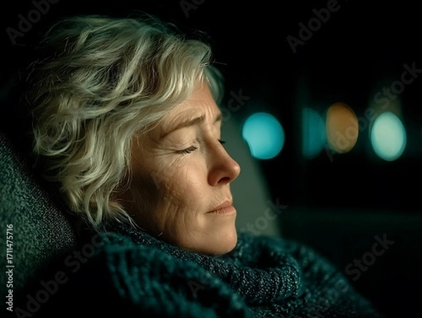 Fototapeta Solitude Contemplation: An elderly woman with closed eyes in pensive repose, finding tranquility in her own mind.  