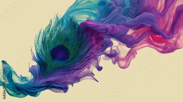 Fototapeta Peacock feather surrounded by swirling purple and blue smoke. Suitable for exotic or mystical design projects.