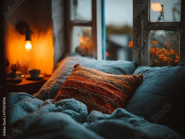 Fototapeta Cozy Bedroom Ambience: A serene scene of a comfortable bed with plush pillows, bathed in the warm glow of a vintage lightbulb and framed by a window, creating a soothing ambiance.