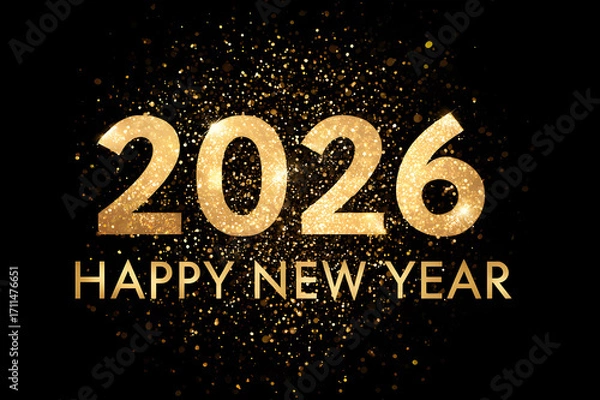 Fototapeta Gold glitter frame reads 2026 on black. Black and Gold 2026 has a modern. Golden textures shimmer on black Happy New Year 2026.