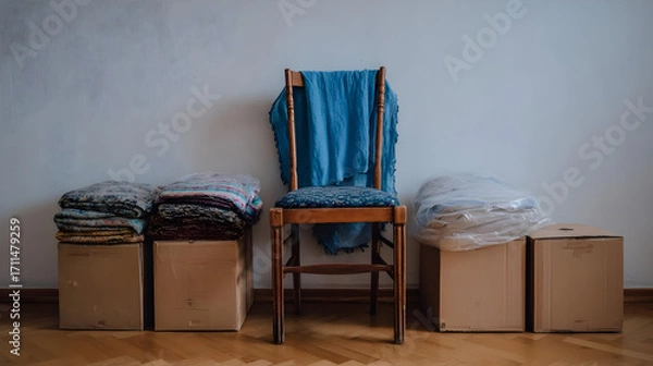 Fototapeta a blanket folded neatly beside packed boxes and lots of negative space