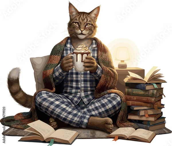 Fototapeta Cozy cat in pajamas reading books with a warm drink