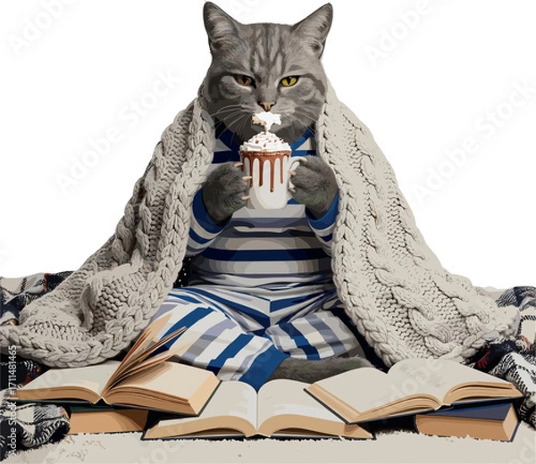 Fototapeta Cozy cat wearing pajamas and blanket drinking from a mug surrounded by books
